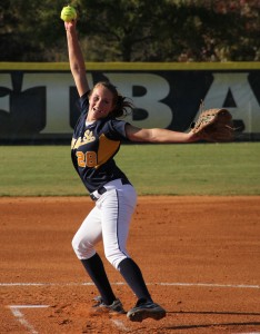 Senior Shelby Kosmecki winds up as she prepare to throw a pitch during a fall season game. || Photo courtesy of Sports Information