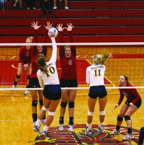 Ryan Richardson/The News Sophomore Emily Schmahl (10) attempts a kill in the Racers’ loss to Jacksonville State Saturday.