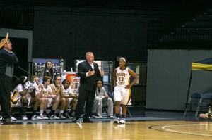 Ryan Richardson/The News Head Coach Rob Cross talks to junior guard Keiona Kirby, who is expected to take on the scoring role for the Racers this year.
