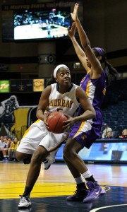 Jenny Rohl/The News Senior forward Jessica Winfrey prepares to shoot over a Tennessee Tech defender.