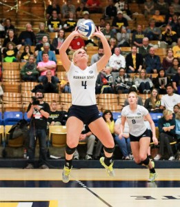 Photo by Jenny Rohl/The News Senior setter Sam Bedard sets the ball during their first match of the OVC Tournament Thursday night against Southeast Missouri State. 