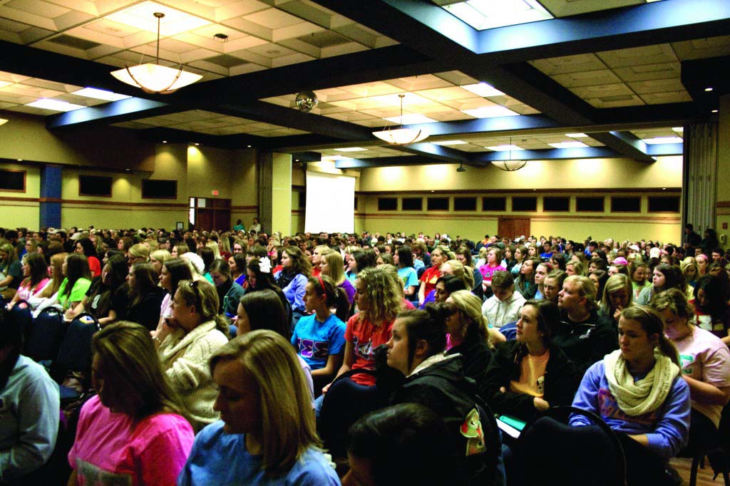 Murray State's Greek community listens to the national recruitment group, Phired Up Wednesday night in the Curris Center Ballroom.