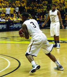 Senior Isaiah Cannan and junior Dexter Fields set up the offense during Saturday's BracketBuster game. Though the Racers have secured the second seed for the OVC Championship, the team looks to put an exclamation point on their season with a win at home. || Lori Allen/TheNews