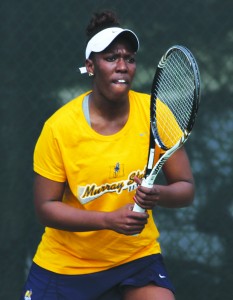 Senior Ashley Canty focuses on an incoming pass. Canty picked up wins in both singles and doubles in the matches against Southeast Missouri. || Photo courtesy of Sports Information