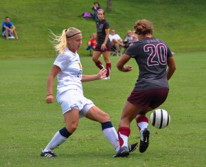 Torrey Perkins/The News Senior Rebecca Bjorkvall takes the ball away from a UALR opponent.