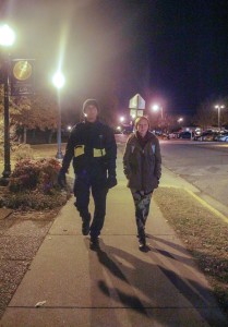 Jenny Rohl/The News Chris Gaylord, senior from Festus, Mo., escorts Chasity Bowyer, freshman from Louisville, Ky., through campus Wednesday night.
