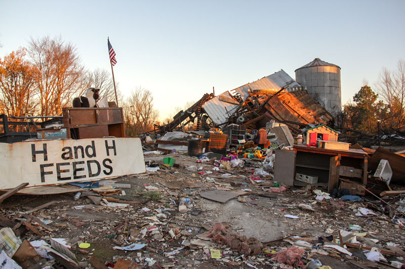 Lori Allen // The News /// H and H Feeds, a family business in central Brookport, Ill., is in ruins after storms hit the Midwest Sunday. The store was in its 27th year of operation in Brookport.
