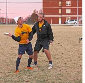 Kate Rusell/The News Sophomore Ray Hecht (right) defends a pass against sophomore Lorenzo Turi in an Ultimate Frisbee practice.