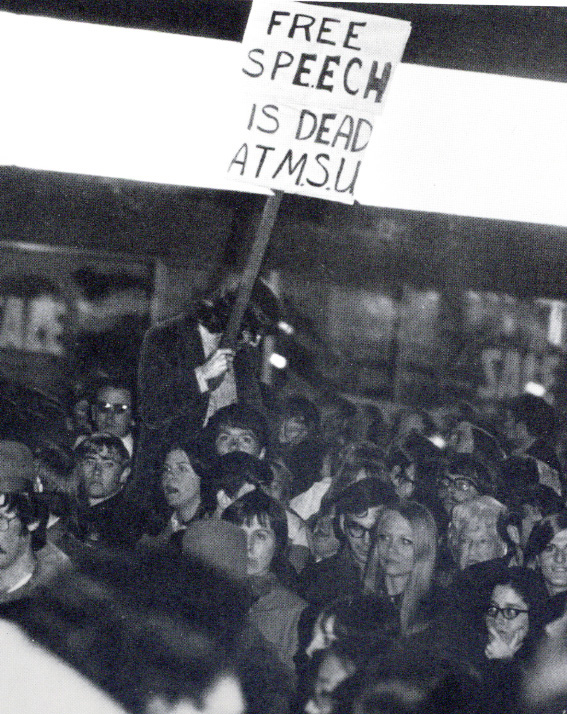 The Shield Yearbook It is common for Murray State students to express their opinions on issues across campus. Pictured above,  students rally against individuals invited to speak for an event called “Insight” in March of 1971. Students believed the topics were controversial and due to protest, only one of four speakers made an appearance. 