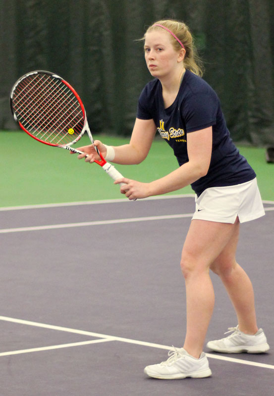 Kate Russell/The News Sophomore Erin Patton gets ready to receive serve during a tennis match earlier this week.
