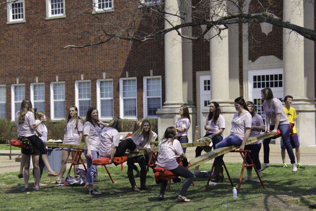 Lori Allen/The News Members of Alpha Sigma Alpha spent last Friday teetering for 24 hours to raise money for their philanthropy, the S. June Smith Center.
