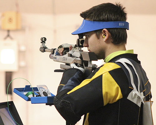 Jenny Rohl/The News Jack Berhorst, sophomore from Lawson, Mo. competes in the Murray State Tri-Match at the Pat Spurgin Rifle Range last weekend.