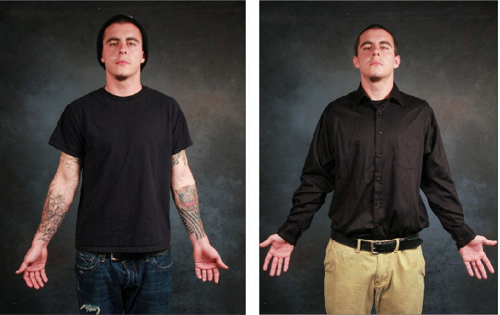 Photo illustration by Fumi Nakamura Kade Cullop dresses in casual attire and business attire to represent the stigma still associated with tattoos in the workplace.