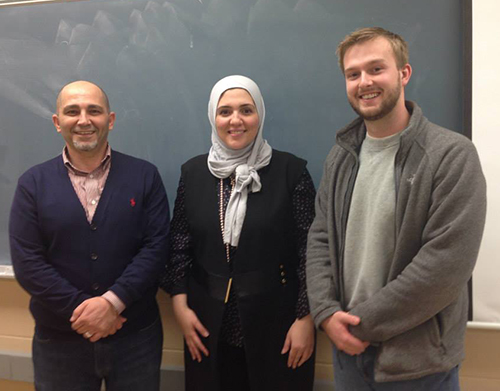 Photo submitted by Ihsan Alkhatib Abdrabboh stands with assistant professor Ihsan Alkhatib (left) and Jeremy Pruitt (right), president of the Pre-Law Student Association.