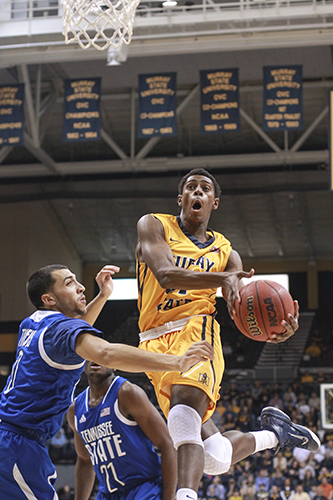 Jenny Rohl/The News Junior forward Jeffery Moss goes up for a layup against Tennessee State at the CFSB Center Saturday. Moss tallied 13 points during the game and approaches 1,000 career points at Murray State with a total of 795.