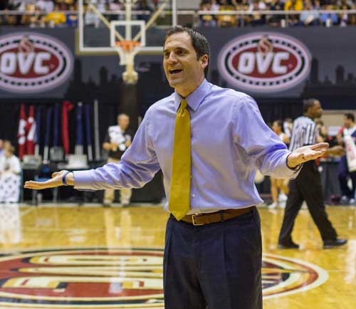 Fumi Nakamura/The News Head Coach Steve Prohm contests a call during the March 7 loss to Belmont at Municipal Auditorium in Nashville, Tenn.