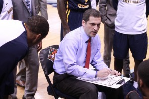 Jenny Rohl/The News Head Coach Steve Prohm draws up a play for the Racers during a timeout in the last minutes of the game against Old Dominion.
