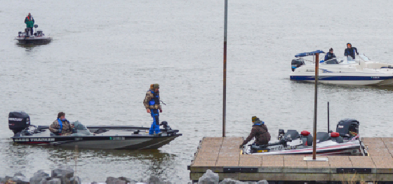 Hannah Fowl/The News Members of the Bass Angler’s team docking their boats at Kentucky Lake Bass Anglers 2015 Open Invitational Tournament.
