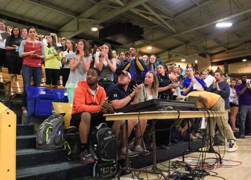 Kalli Bubb/The News Students fill Racer Arena to take part in the Women Center’s annual Take Back the Night rally Monday night.