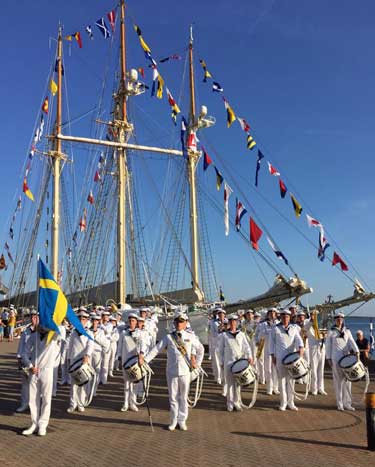 Photo courtesy of Frida Bengtsson The Royal Swedish Navy marches on a boat.