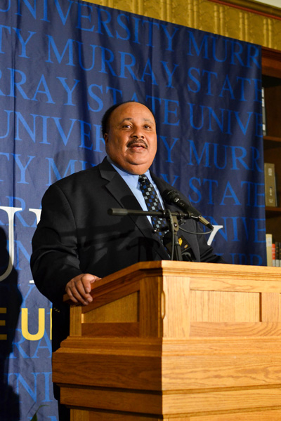 Above, Jenny Rohl/The News. Below, Chalice Keith/The News MARTIN LUTHER KING III: Above, this year’s Presidential Lecture speaker, Martin King Luther III, speaks to a large crowd in Lovett Auditorium about the progress of civil rights since his father, Martin Luther King Jr. Below, King holds a press conference in Pogue Library.