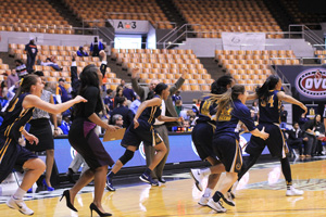 Jenny Rohl/The News The women’s basketball team runs onto the court after defeating No. 1 seed UT Martin 78-76 Wednesday in Nashville, Tennessee.