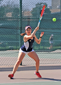 Photo courtesy of Dave Winder Senior from Mississauga, Ontario, Megan Blue hits the ball during the Racers’ match Easter weekend.