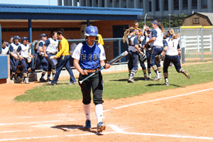 Nicole Ely/The News Eastern Illinois’ freshman utility player Jennifer Ames flew out to end the top of the sixth inning during Sunday’s game. The Panthers beat the Racers 2-0.