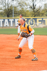 McKenna Dosier/The News Senior infielder Erica Howard stands prepared to catch a ball during the Racers’ second game against Belmont last weekend.